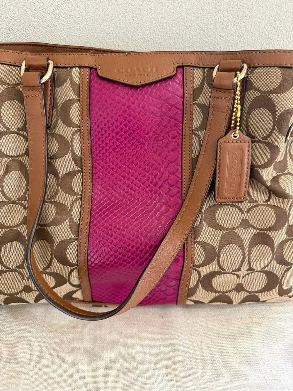 Coach Brown Signature Carryall Drawstring Pink Snakeskin Stripe Bag